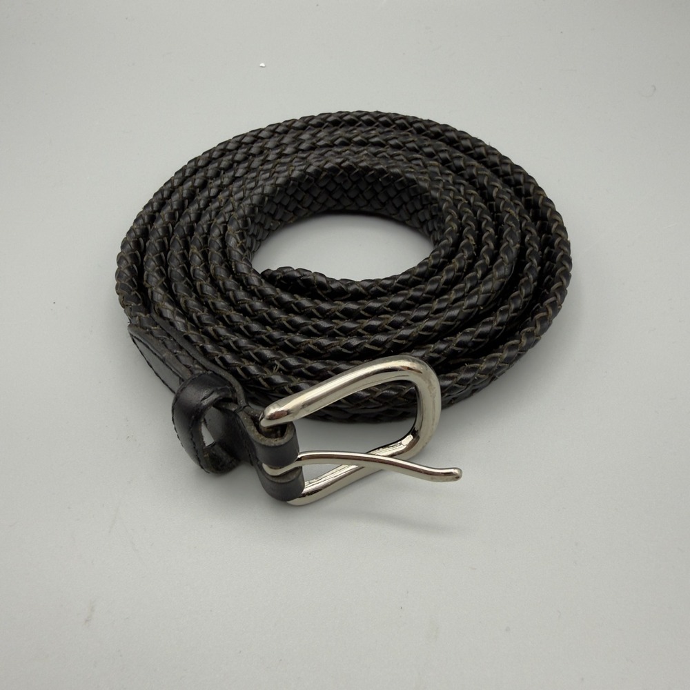 Talbots 3X Black Braided Genuine Leather Belt 70" Plus Size Silver Buckle